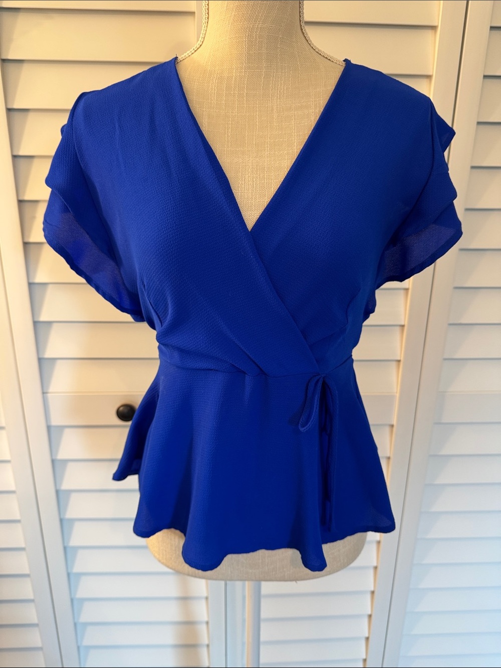 Monteau Royal Blue Faux Wrap Peplum Blouse